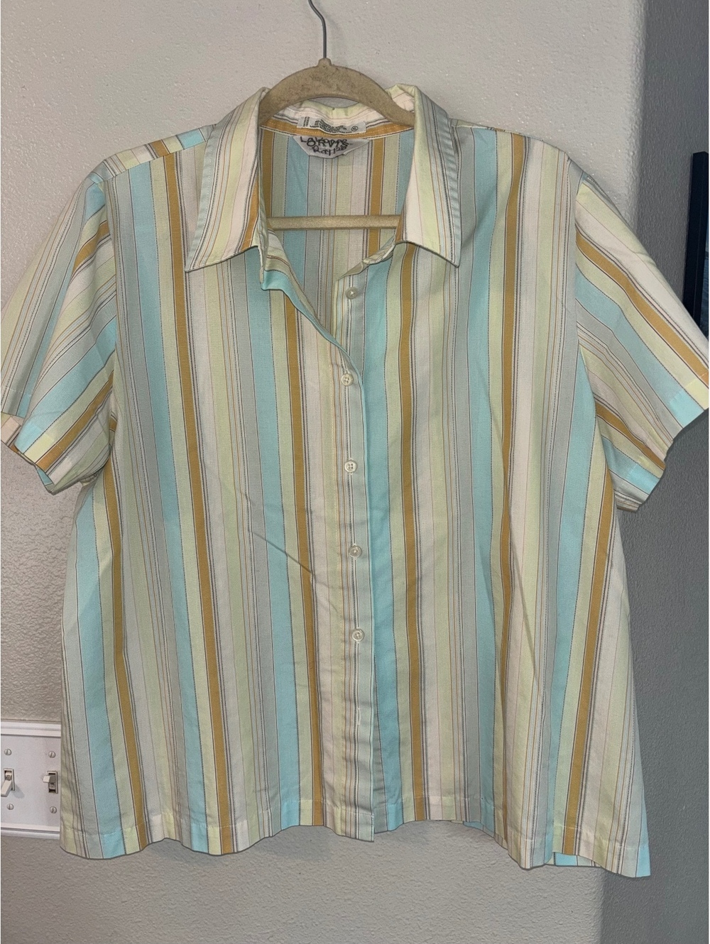 Orvis Vintage Striped Short Sleeve Button Up Shirt Pastel Yellow Blue XL